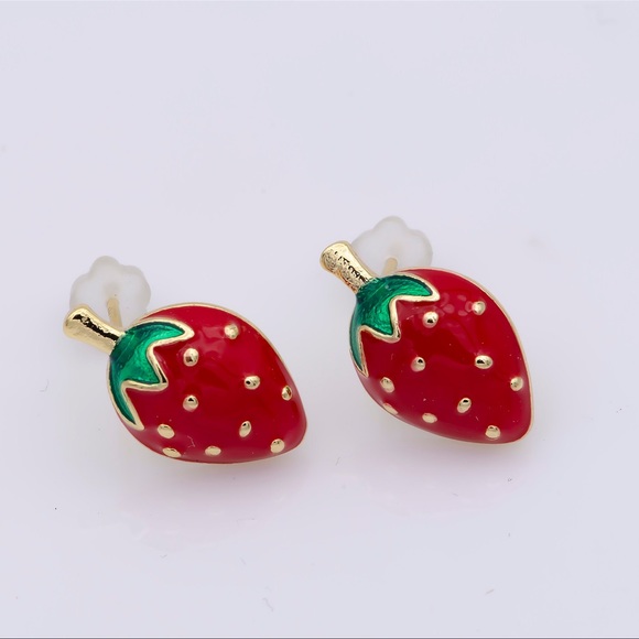 Red Strawberry Stud Earrings - Picture 2 of 4